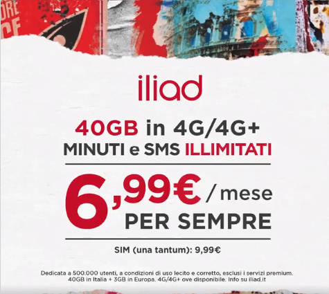 Iliad nuova offerta: 6,99€ 40 GB minuti ed SMS Illimitati